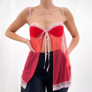 VTG Victoria's Secret NWT Y2K Red Sheer Lace Boned Babydoll Lingerie Top‎ 34B
